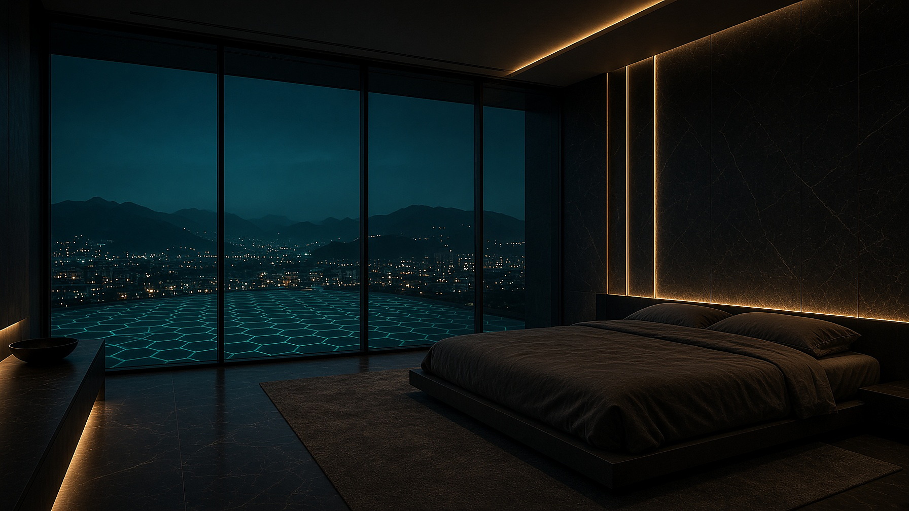 An empty hotel chamber overlooking the plaza